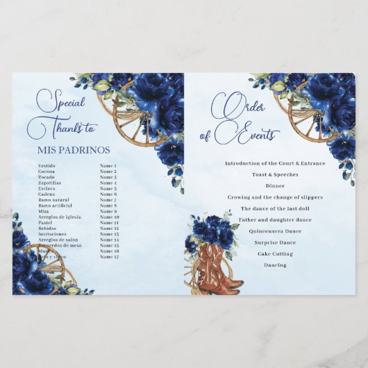 Quinceañera XV 15 Royal Blue Floral Charro Program (Achterkant)