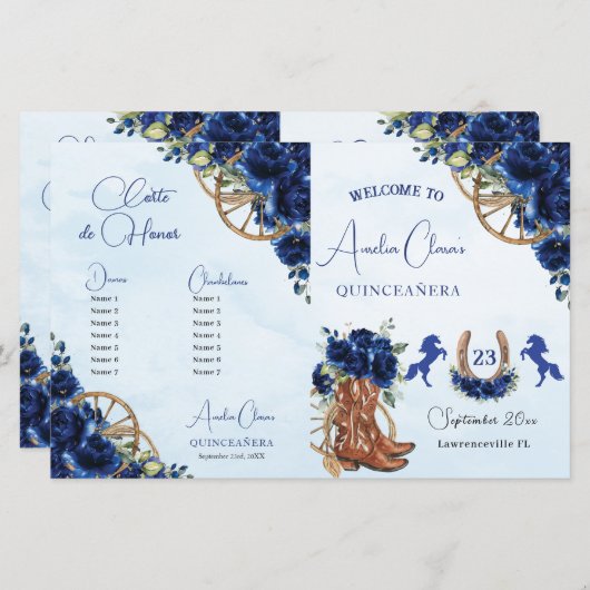 Quinceañera XV 15 Royal Blue Floral Charro Program (Voorkant / Achterkant)
