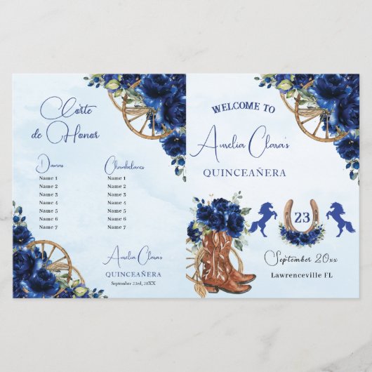 Quinceañera XV 15 Royal Blue Floral Charro Program (Voorkant)