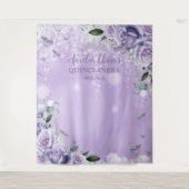 Quinceañera XV 16 Paarse Bloemen Vlinders Foto Wandkleed (Voorkant)