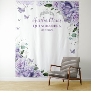 Quinceañera XV 16 Paarse Rozen Bloem Vlinders Wandkleed