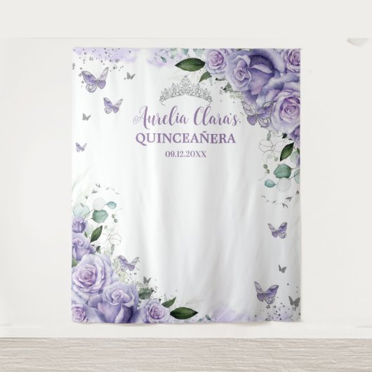 Quinceañera XV 16 Paarse Rozen Bloemvlinders Wandkleed (Voorkant)