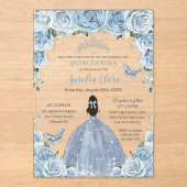 Quinceañera XV Baby Blauw Bloemen Prinses Zilver Acryl Uitnodigingen (Voorkant)