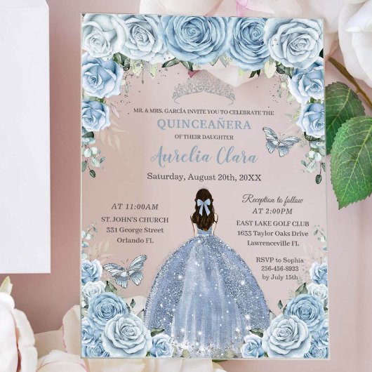 Quinceañera XV Baby Blauw Bloemen Prinses Zilver Acryl Uitnodigingen