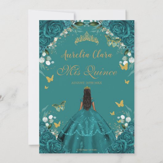 Quinceañera XV Blauwgroen groene bloemenprinsessen Kaart (Achterkant)