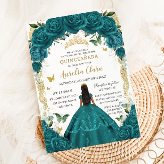 Quinceañera XV Blauwgroen groene bloemenprinsessen Kaart