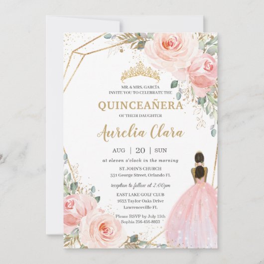 Quinceañera XV Blush Roze Bloemen Bruin Prinses Kaart (Voorkant)