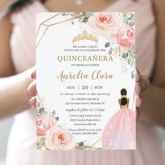 Quinceañera XV Blush Roze Bloemen Bruin Prinses Kaart