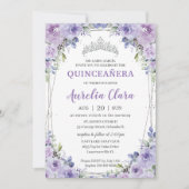 Quinceañera XV Paarse Lila Bloemen Zilveren Kroon Kaart (Voorkant)