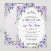 Quinceañera XV Paarse Lila Bloemen Zilveren Kroon Kaart (Voorkant / Achterkant)