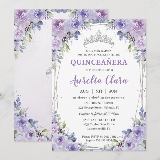 Quinceañera XV Paarse Lila Bloemen Zilveren Kroon Kaart (Voorkant / Achterkant)