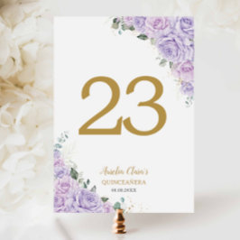Quinceanera XV Purple Lilac Roses Floral Gold Kaart