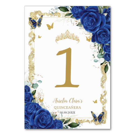Quinceañera XV Royal Blue Floral Gold Butterflies Kaart (Achterkant)