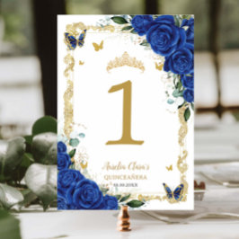 Quinceañera XV Royal Blue Floral Gold Butterflies Kaart