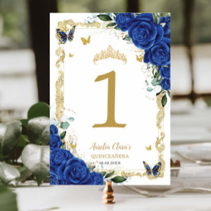 Quinceañera XV Royal Blue Floral Gold Butterflies Kaart