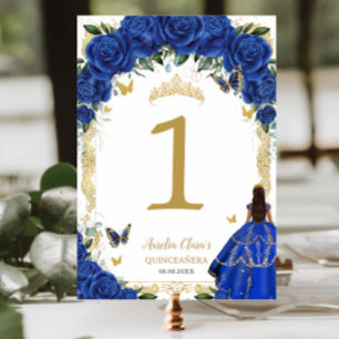 Quinceañera XV Royal Blue Floral Gold Girl Jurk Kaart