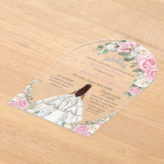 Quinceañera XV Roze Witte Bloemen Prinses Zilver Acryl Uitnodigingen (Laagn)