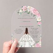 Quinceañera XV Roze Witte Bloemen Prinses Zilver Acryl Uitnodigingen (Insitu (Draagbaar))