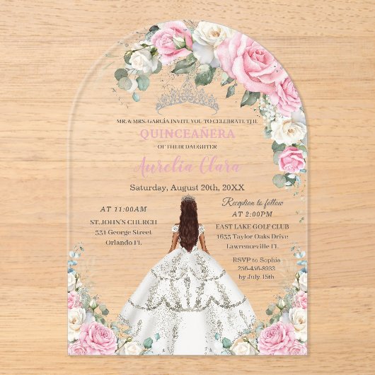 Quinceañera XV Roze Witte Bloemen Prinses Zilver Acryl Uitnodigingen (Voorkant)