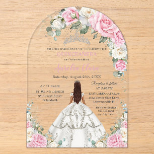 Quinceañera XV Roze Witte Bloemenkroon Prinses Zil Acryl Uitnodigingen