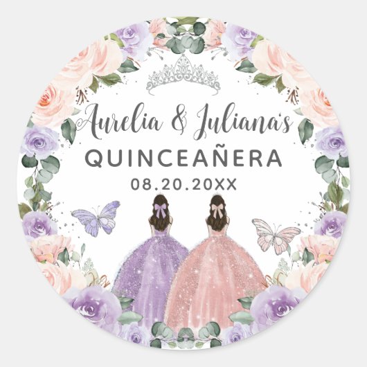 Quinceañera XV Sweet 16 Lila Blush Bloemen Tweelin Ronde Sticker (Voorkant)