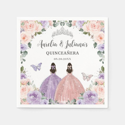 Quinceañera XV Sweet 16 Lila Blush Bloemen Tweelin Servet (Voorkant)