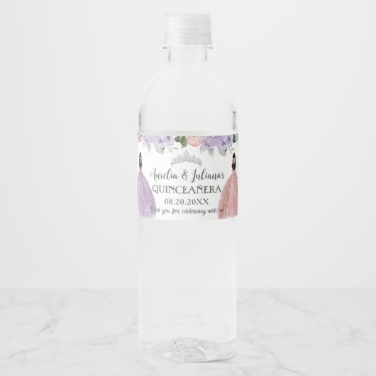 Quinceañera XV Sweet 16 Lila Blush Bloemen Tweelin Waterfles Etiket (Voorkant)