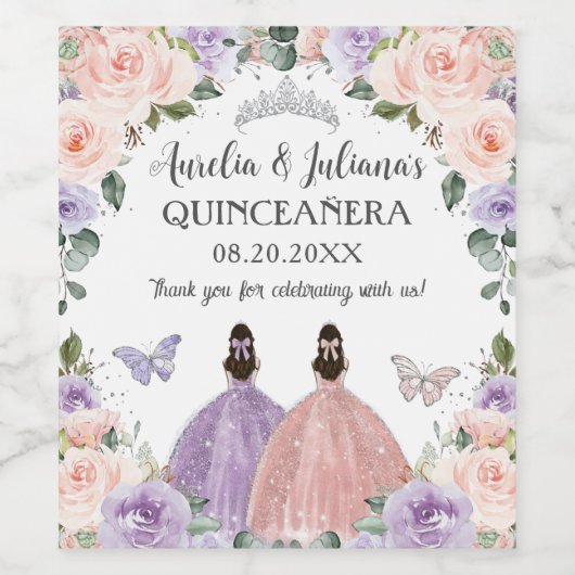 Quinceañera XV Sweet 16 Lila Blush Bloemen Tweelin Wijn Etiket (Enkel label)
