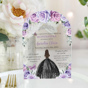 Quinceañera XV Sweet 16 Paarse Sering Bloem Zwart Acryl Uitnodigingen