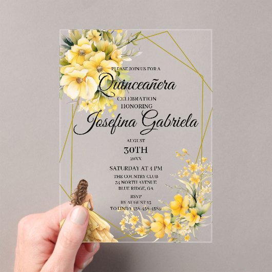 Quinceanera yellow gold acryl uitnodigingen (Insitu (Draagbaar))
