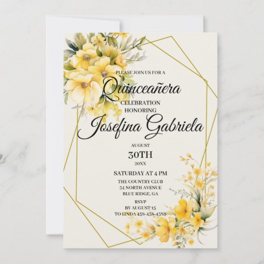Quinceañera Yellow Gold Invitation Kaart (Voorkant)