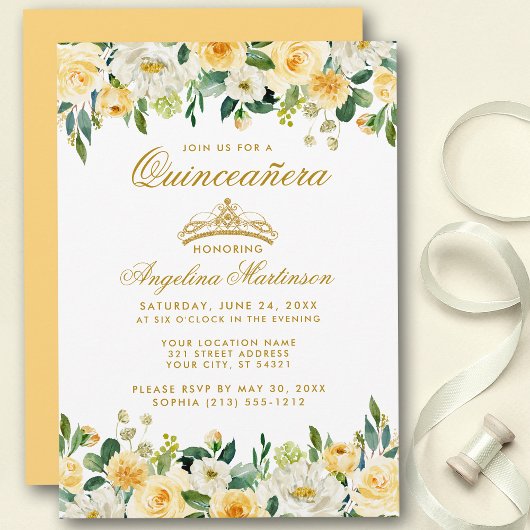 Quinceanera Yellow Gold White Floral Kaart