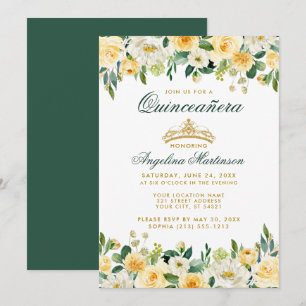 Quinceanera Yellow Green Floral Gold Crown Invite Kaart