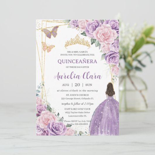 Quinceañera Zacht Paarse Lila Roze Bloemenprinses Kaart (Staand voorkant)