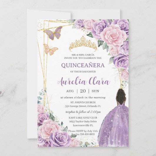 Quinceañera Zacht Paarse Roze Bloemen Bruin Prinse Kaart (Voorkant)