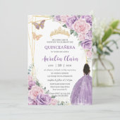 Quinceañera Zacht Paarse Roze Bloemen Bruin Prinse Kaart (Staand voorkant)