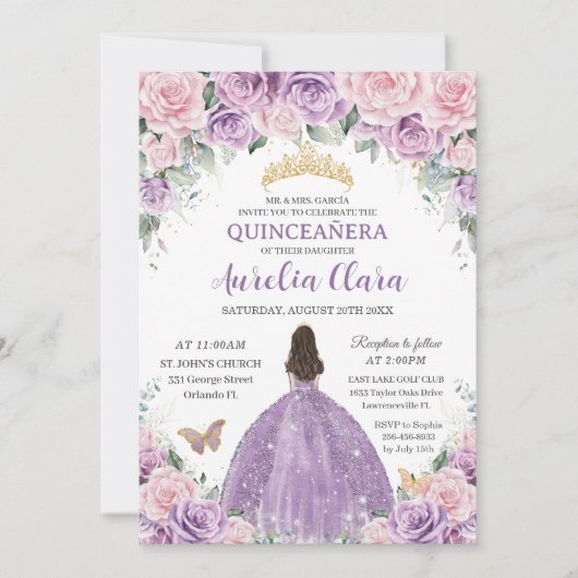 Quinceañera Zacht Paarse Seringroze Bloemige Prins Kaart (Voorkant)