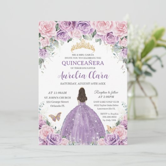 Quinceañera Zacht Paarse Seringroze Bloemige Prins Kaart (Staand voorkant)