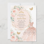 Quinceañera Zachte Blush Bloemen Jurk Vlinders Kaart (Voorkant)