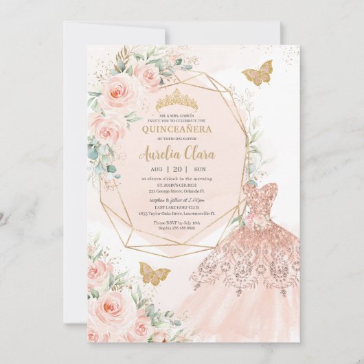 Quinceañera Zachte Blush Bloemen Jurk Vlinders Kaart (Voorkant)