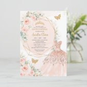 Quinceañera Zachte Blush Bloemen Jurk Vlinders Kaart (Staand voorkant)