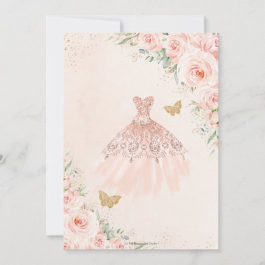 Quinceañera Zachte Blush Bloemen Jurk Vlinders Kaart (Achterkant)