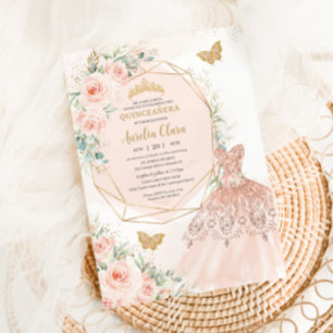 Quinceañera Zachte Blush Bloemen Jurk Vlinders Kaart