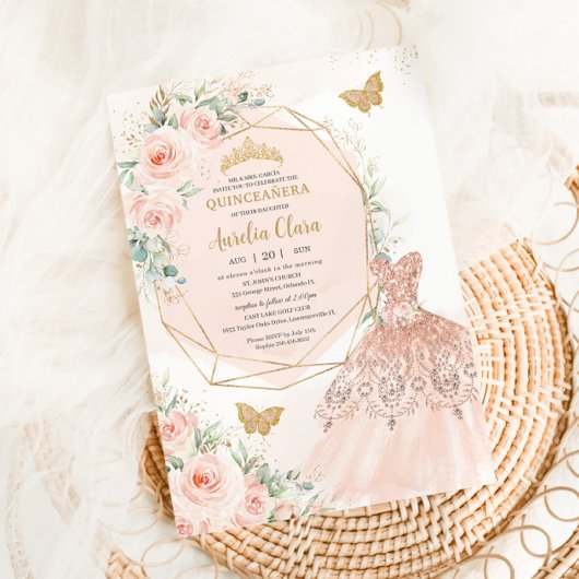Quinceañera Zachte Blush Bloemen Jurk Vlinders Kaart