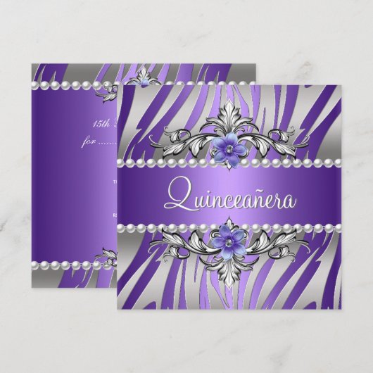 Quinceañera Zebra Paarse Pearl Silver Kaart (Voorkant / Achterkant)