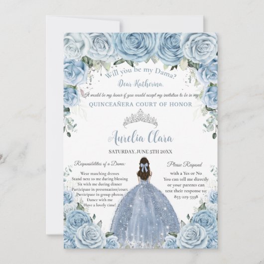 Quinceañera Zilver Baby Blauwe Bloem Dama Verzoek  Kaart (Voorkant)