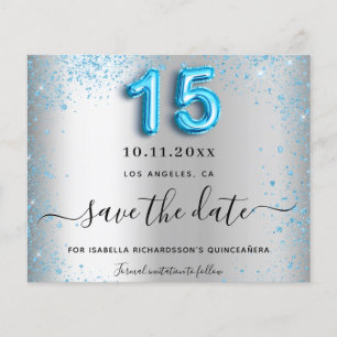 Quinceanera zilver blauw budget save the date flyer