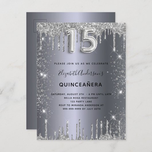 Quinceanera zilver glitter stof uitnodiging briefkaart (Voorkant / Achterkant)