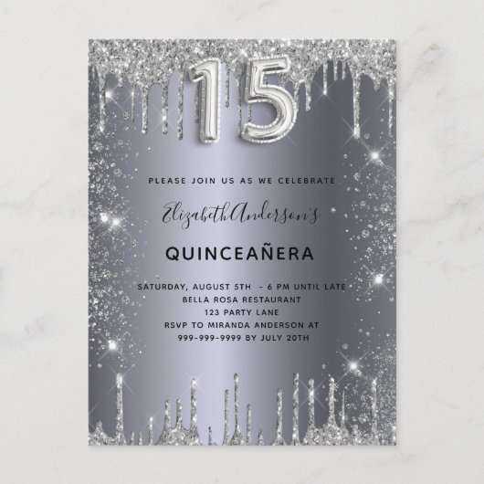 Quinceanera zilver glitter stof uitnodiging briefkaart (Voorkant)