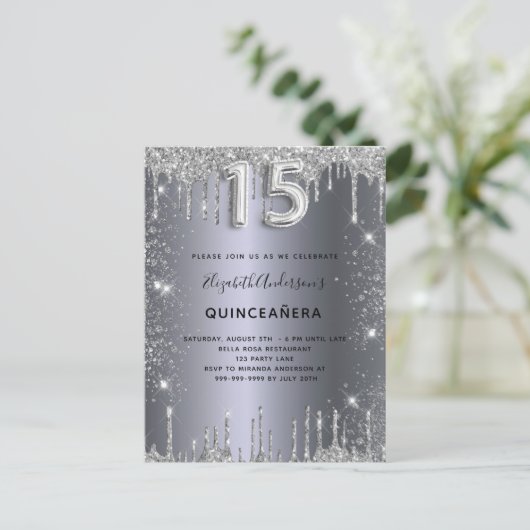 Quinceanera zilver glitter stof uitnodiging briefkaart (Staand voorkant)